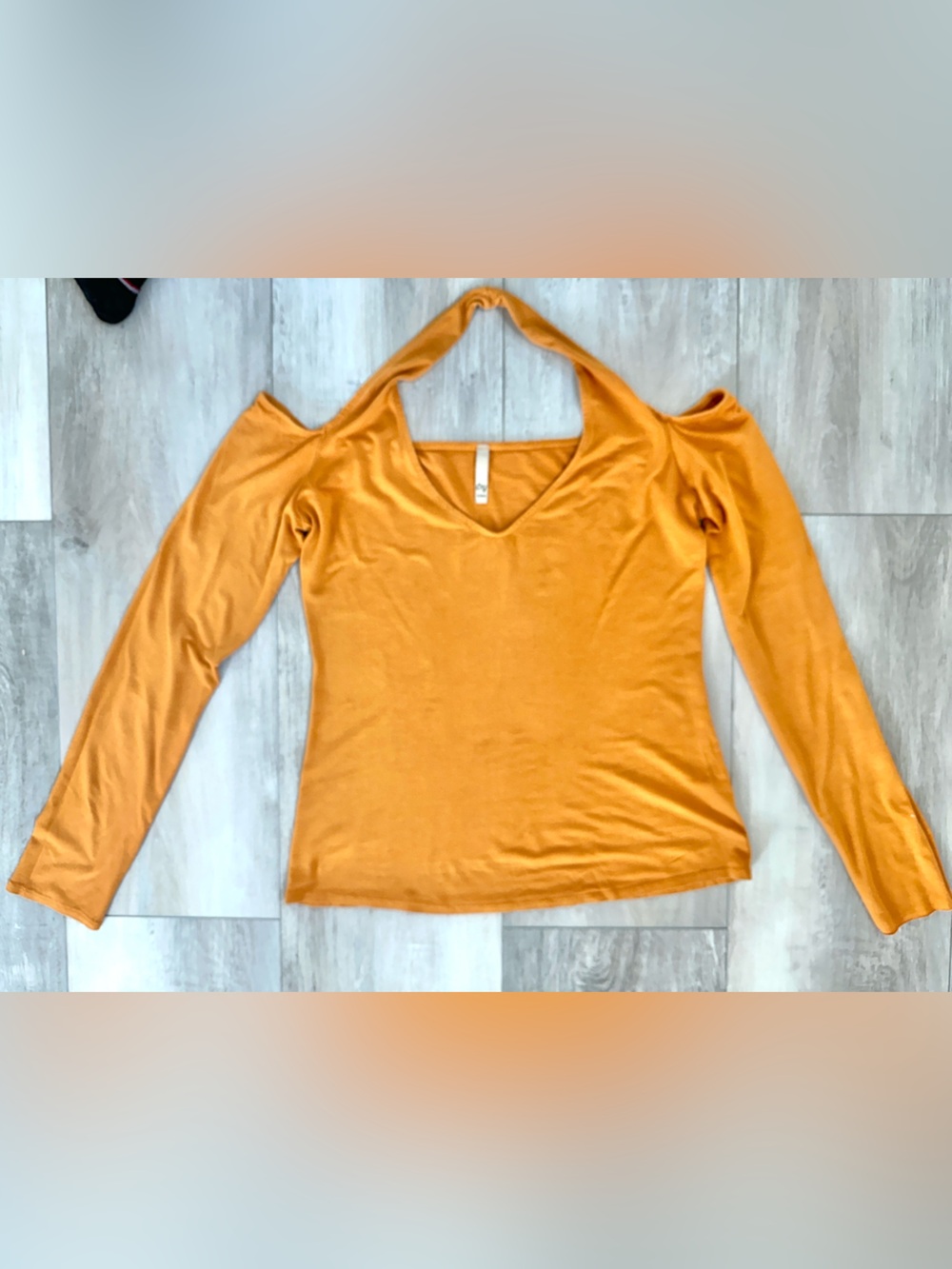 CY USA Women's Mustard Cold-Shoulder V-Neck Long Sleeve Top